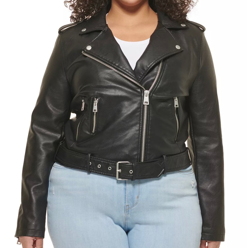 Plus Size Faux Leather Belted Motorcycle Jacket